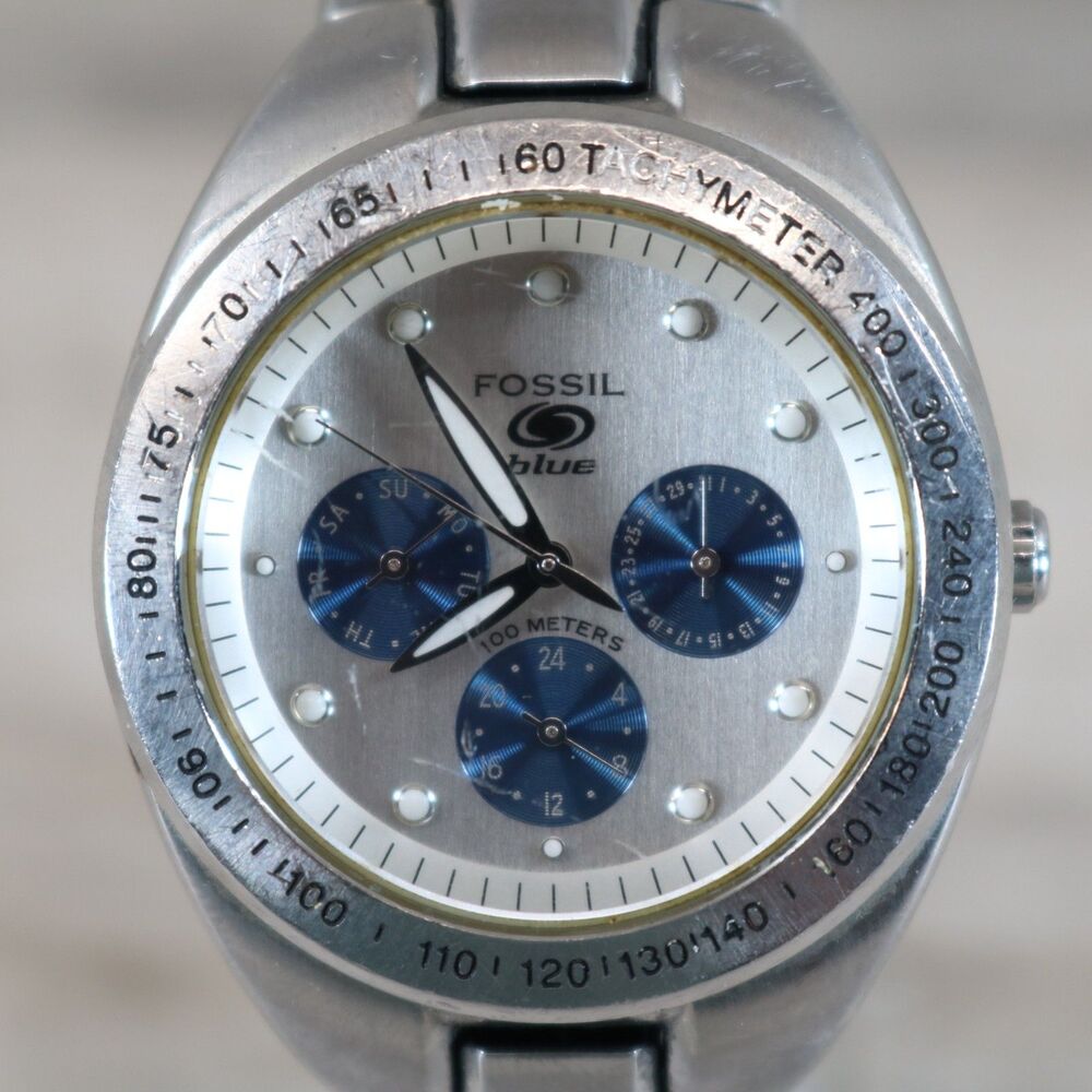 Fossil Blue Multifunction Watch – Pre-Owned, New Battery, Round, Silver/Blue